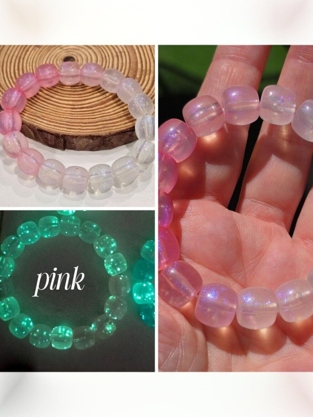 Handmade ✦ Pink & Clear Ombre Glow‑In‑The‑Dark Bracelet ✦ Sparkling 10mm Beads
